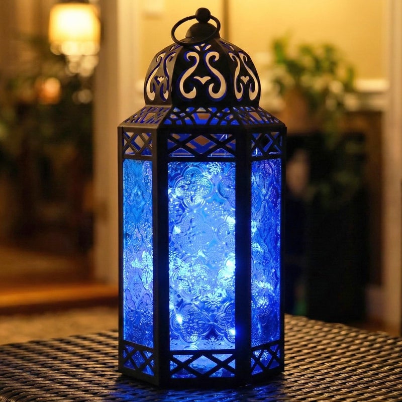 VELA LANTERNS 12" Black Metal Moroccan Decorative LED Fairy Lights Candle Lantern Holders for Hanging or Table, Indoor Home Decor, Outdoor Patio or Porch, Weddings, Blue Glass, Large - Image 1